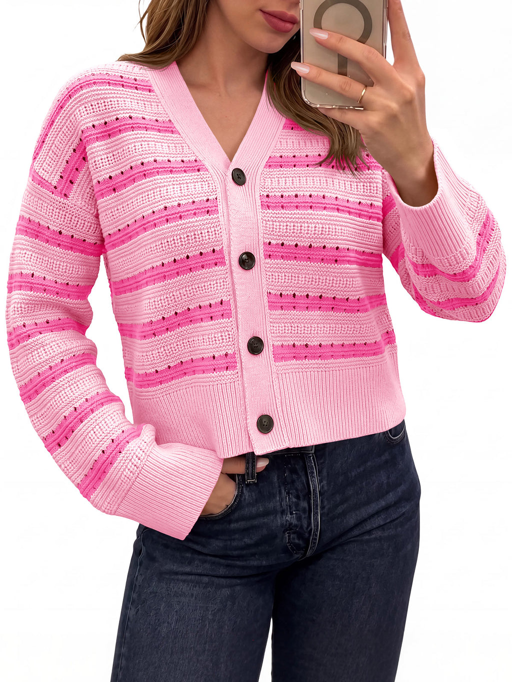 Saodimallsu Womens Striped Crochet Cardigan Tops