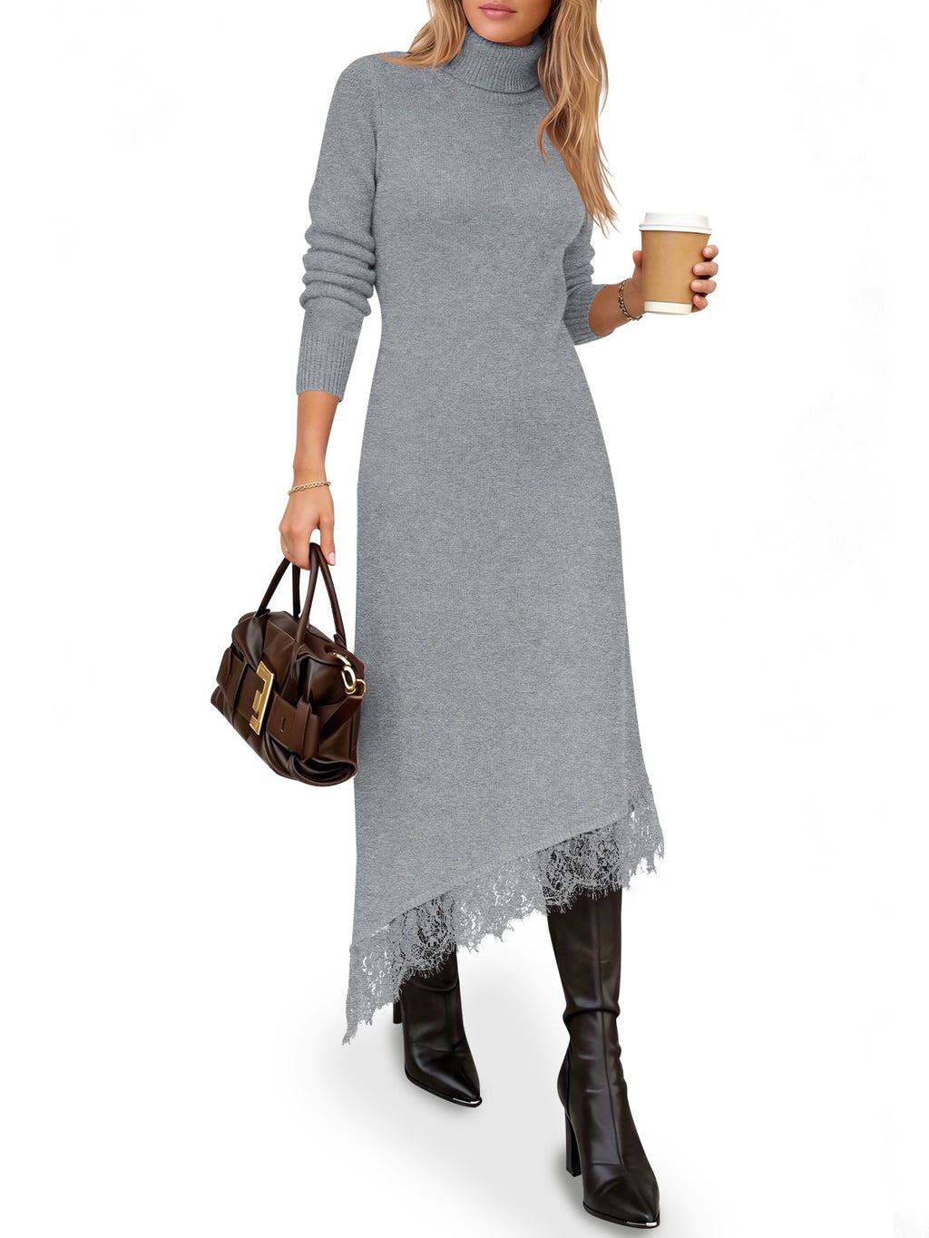 Saodimallsu Womens Lace Turtleneck Sweater Dress