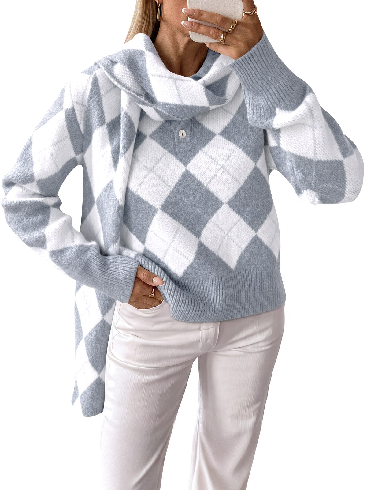 Saodimallsu Womens Argyle Color Block Polo Sweater