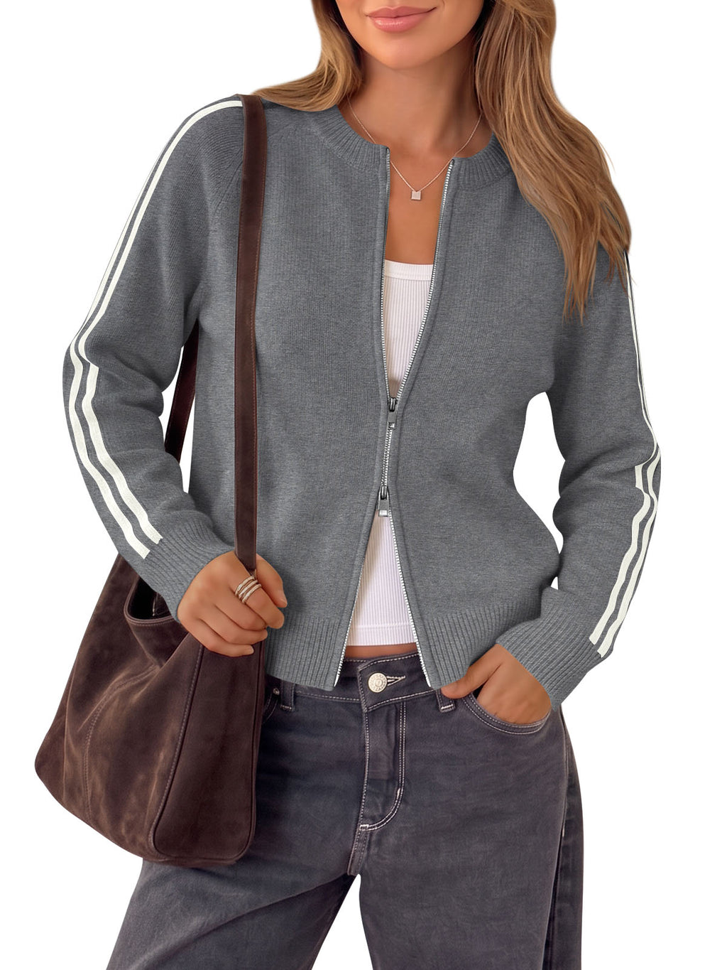 Saodimallsu Womens Zip Up Crew Neck Cardigan