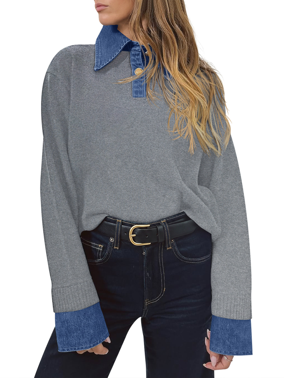 Saodimallsu Women Denim Patchwork V Neck Sweater Tops