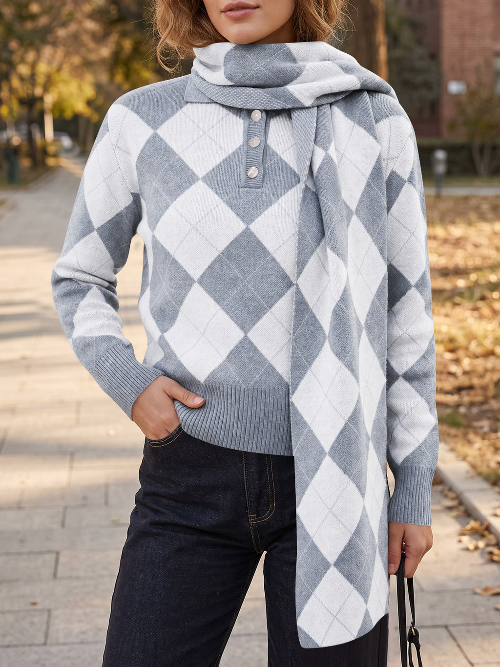 Saodimallsu Womens Argyle Color Block Polo Sweater