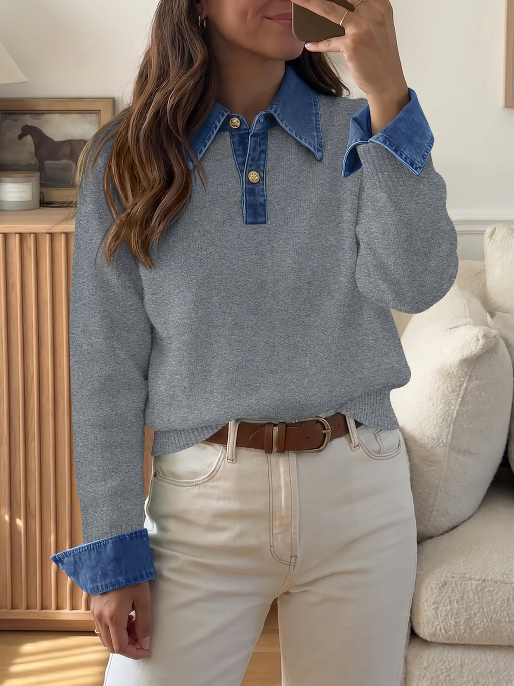 Saodimallsu Women Denim Patchwork V Neck Sweater Tops
