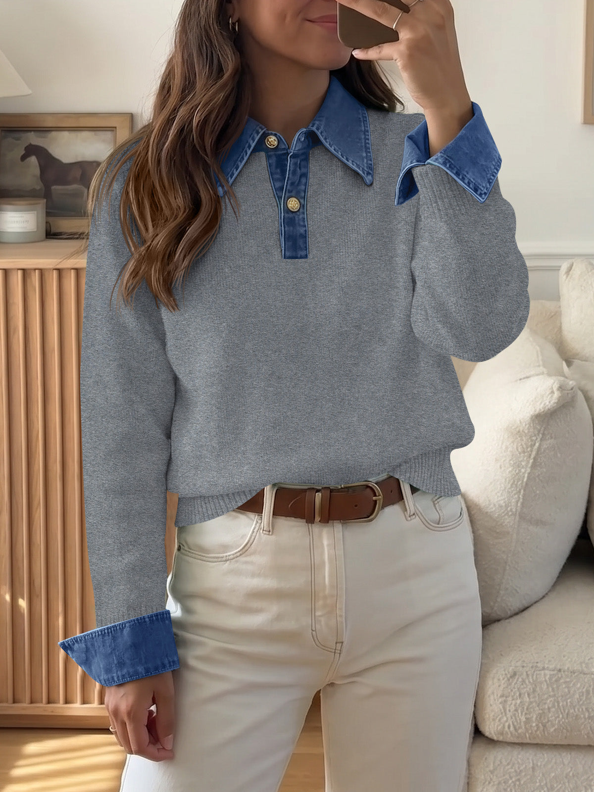 Saodimallsu Women Denim Patchwork V Neck Sweater Tops