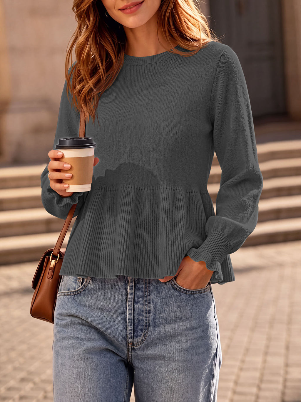 Saodimallsu Womens Peplum Long Sleeve Sweater