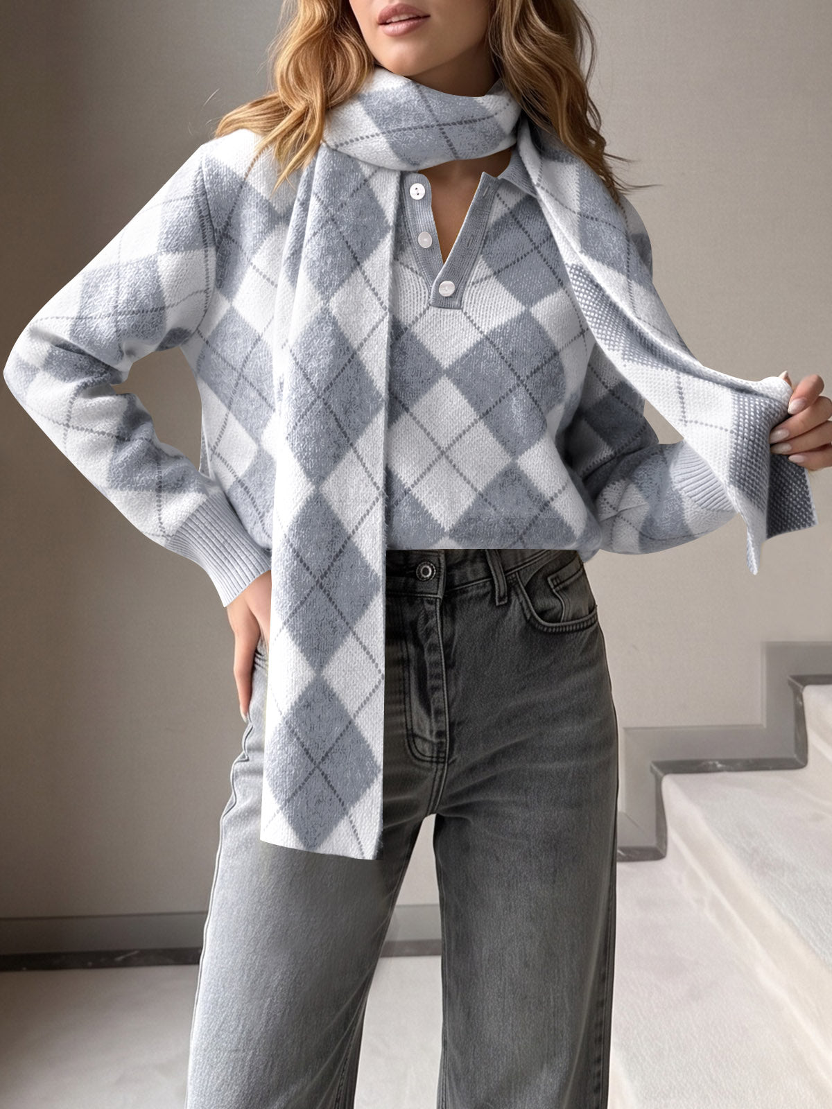Saodimallsu Womens Argyle Color Block Polo Sweater