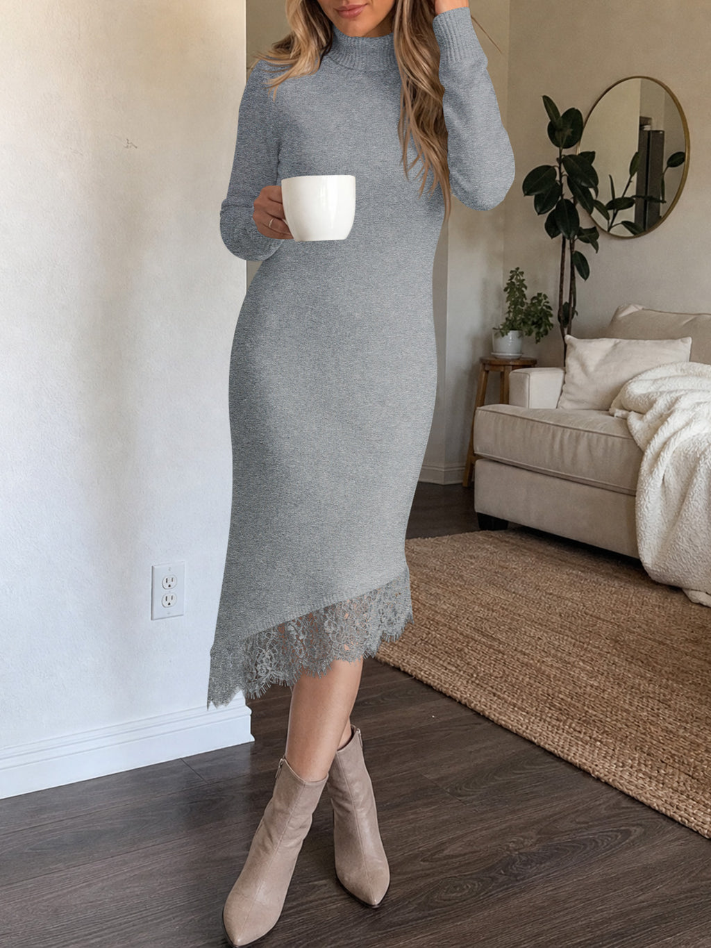 Saodimallsu Womens Lace Turtleneck Sweater Dress