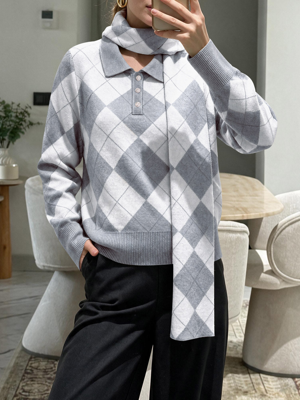 Saodimallsu Womens Argyle Color Block Polo Sweater