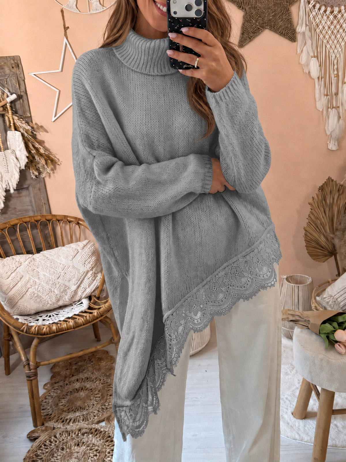 Saodimallsu Womens Oversized Batwing Sleeve Turtleneck Sweater