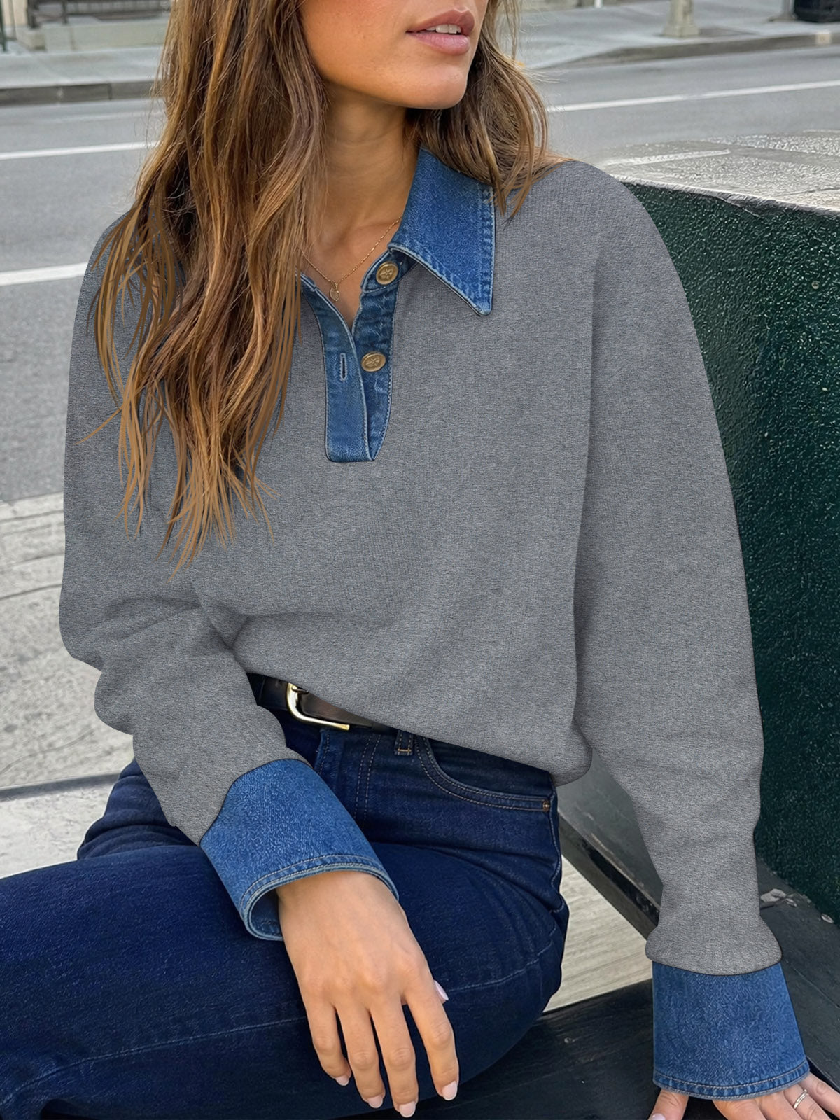 Saodimallsu Women Denim Patchwork V Neck Sweater Tops