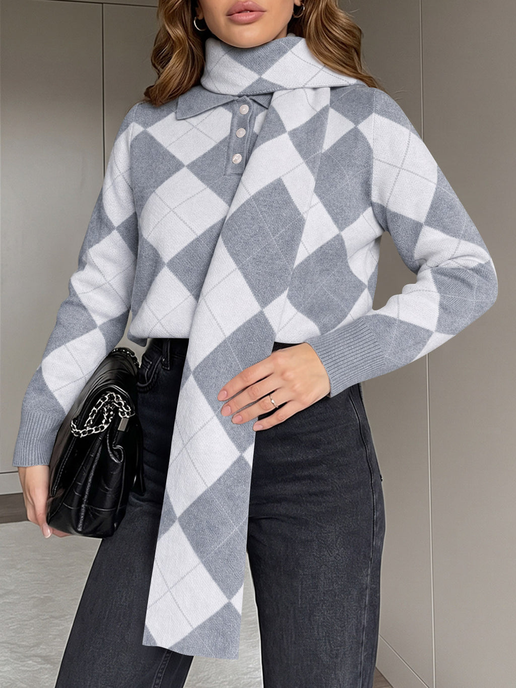 Saodimallsu Womens Argyle Color Block Polo Sweater