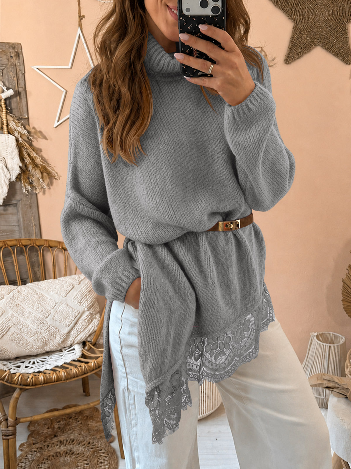 Saodimallsu Womens Oversized Batwing Sleeve Turtleneck Sweater