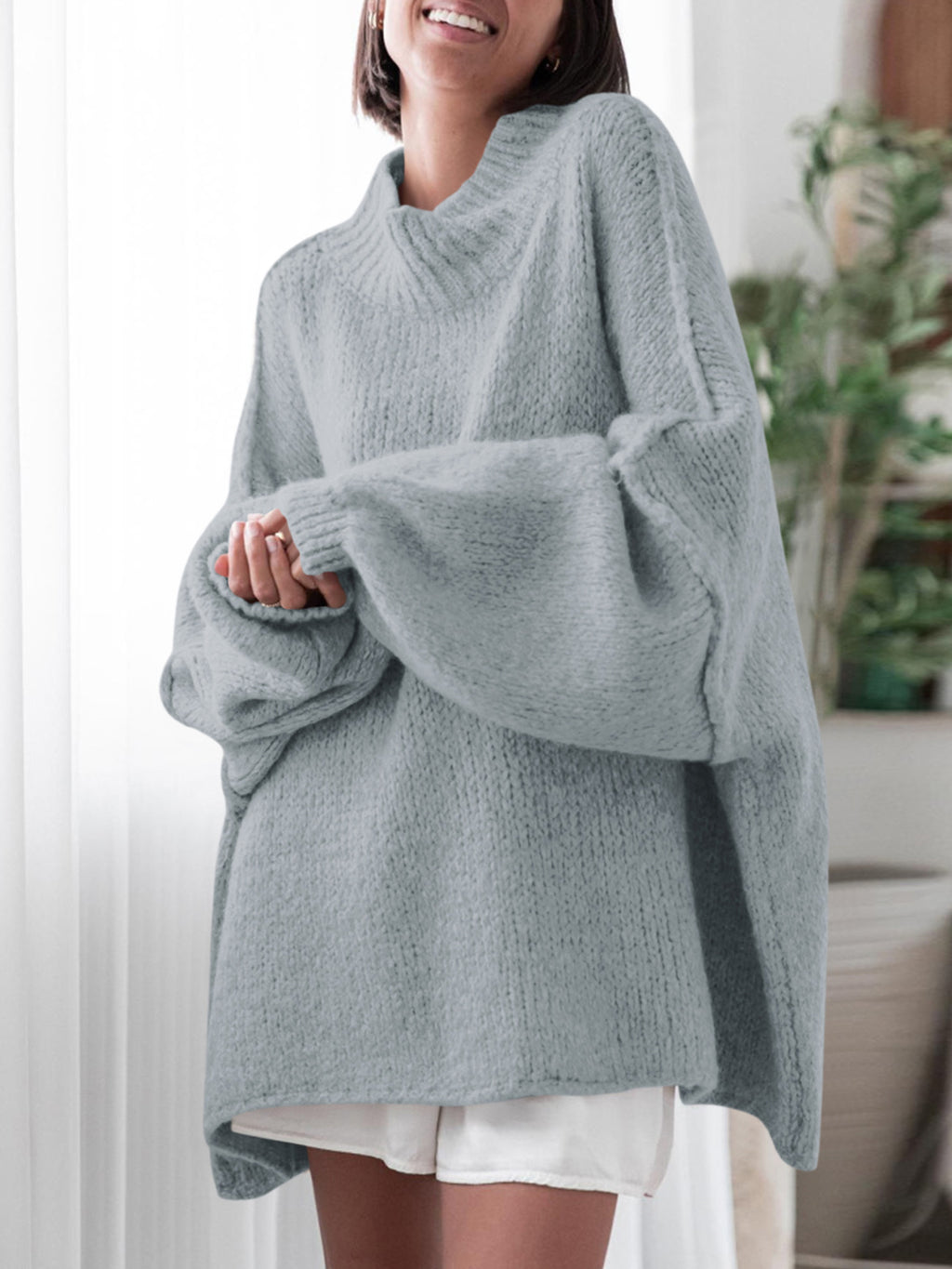 Saodimallsu Light grey Womens Mock Neck Sweater