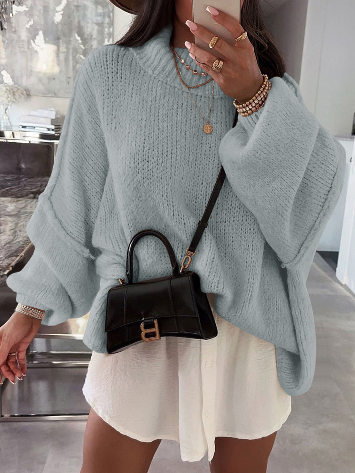 Saodimallsu Light grey Womens Mock Neck Sweater