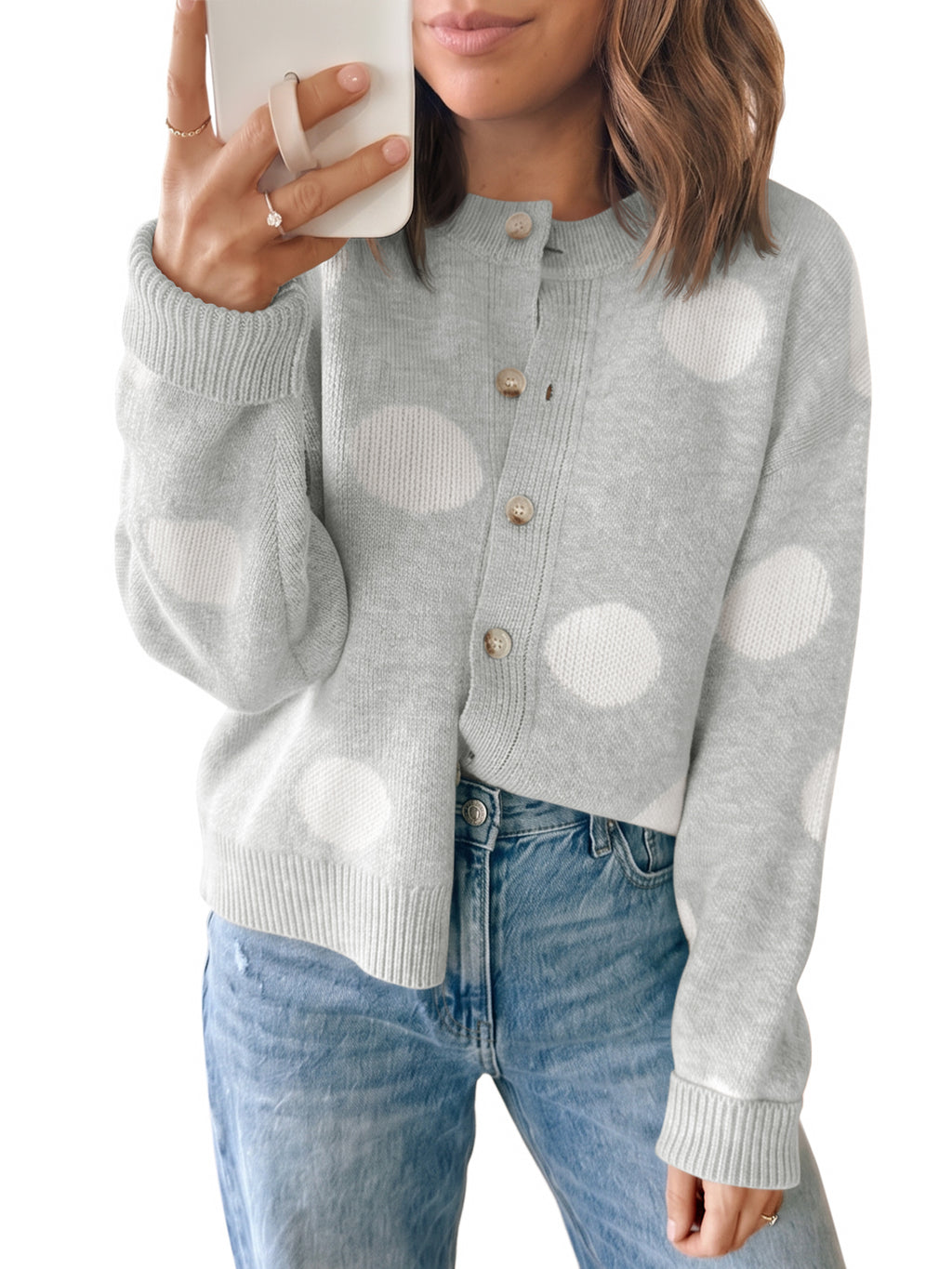 Saodimallsu Women Polka Dot Knit Cardigan