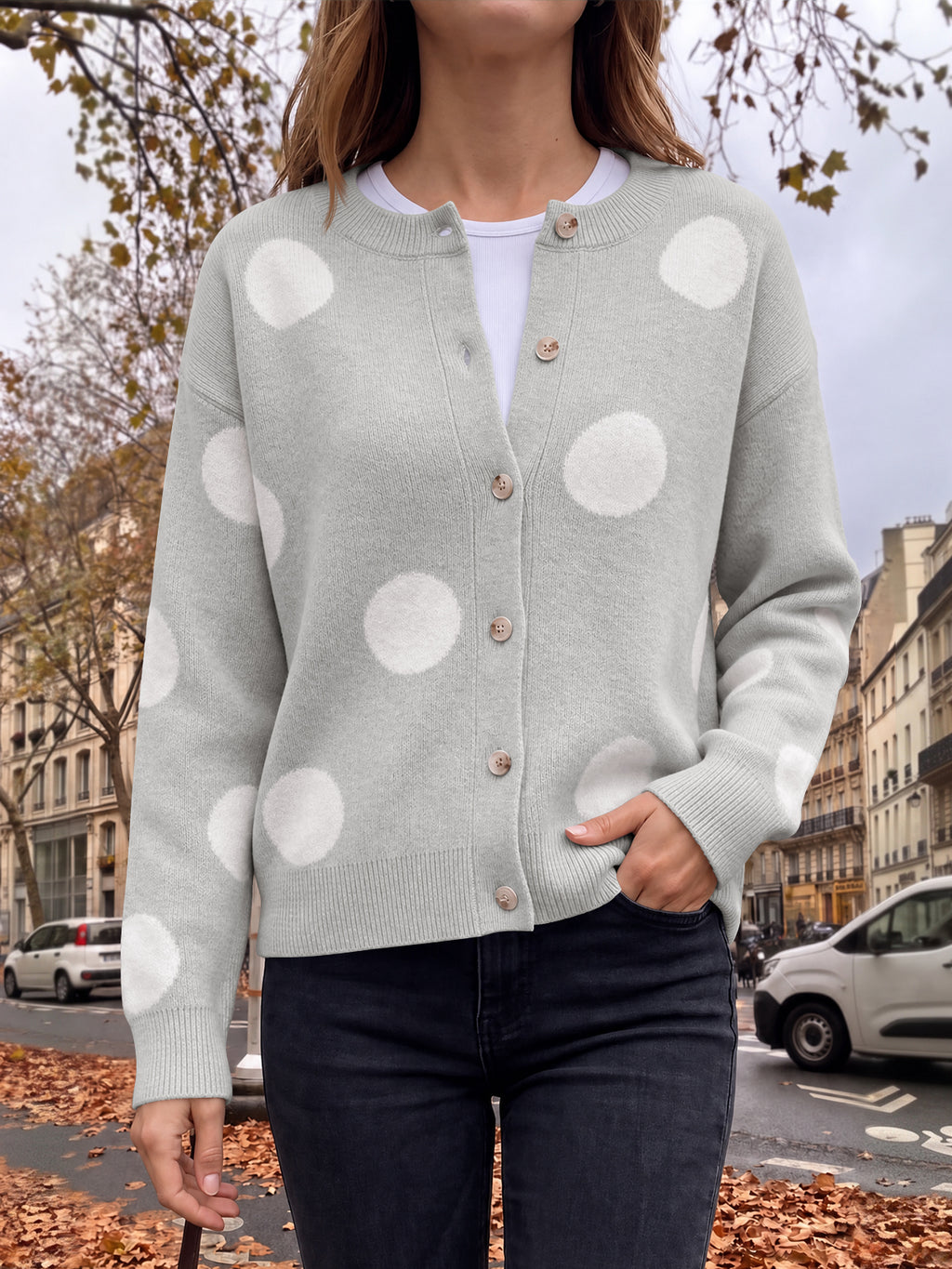 Saodimallsu Women Polka Dot Knit Cardigan
