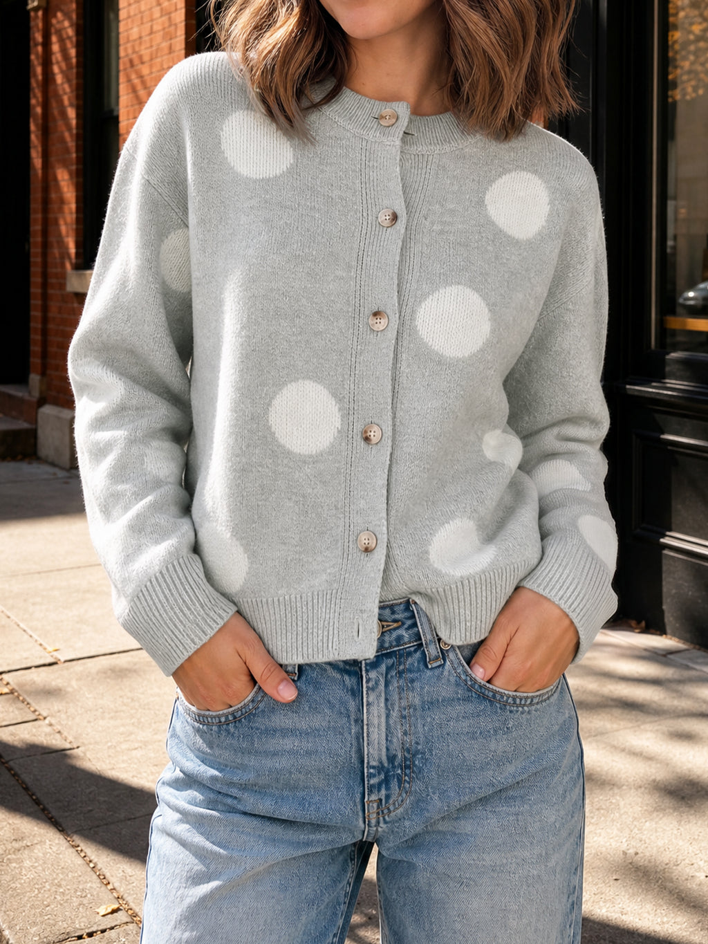 Saodimallsu Women Polka Dot Knit Cardigan