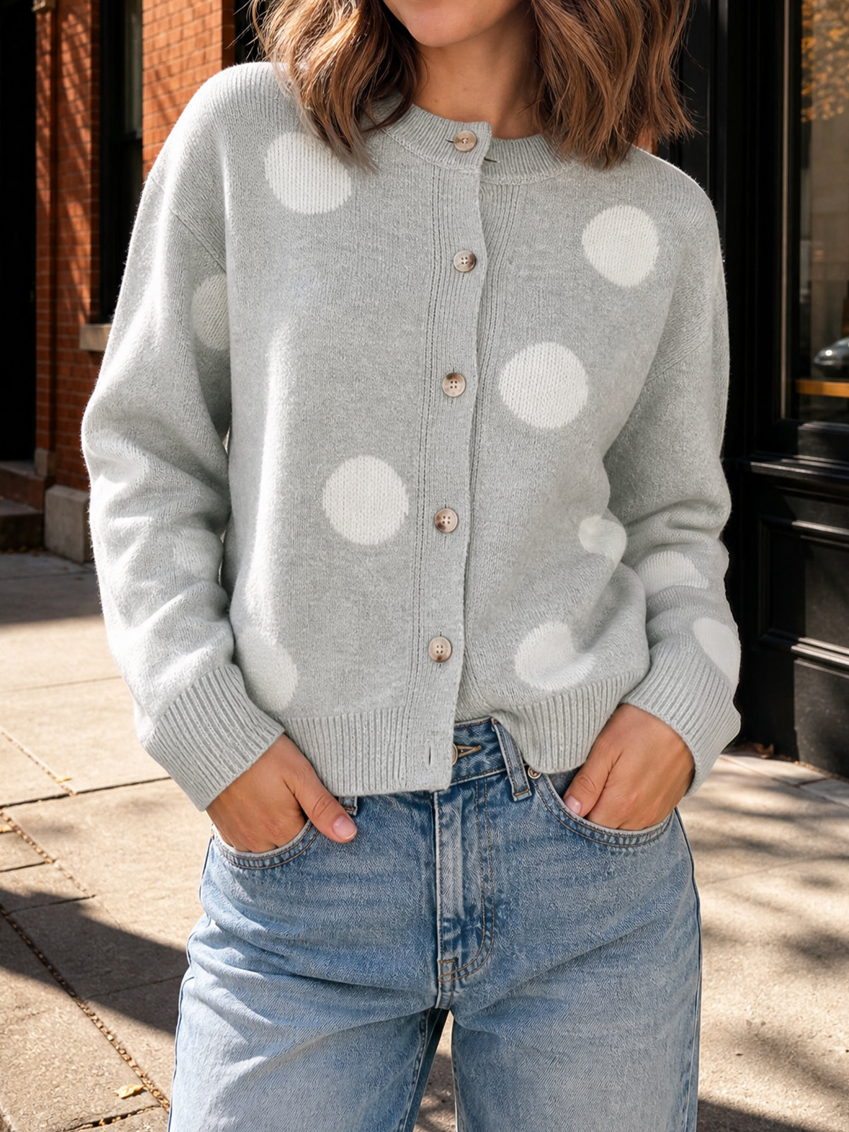 Saodimallsu Women Polka Dot Knit Cardigan