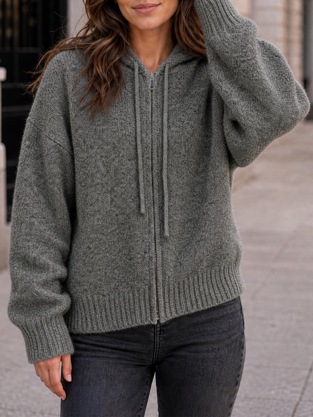 Saodimallsu Womens Zip Up Hooded Knit Cardigan