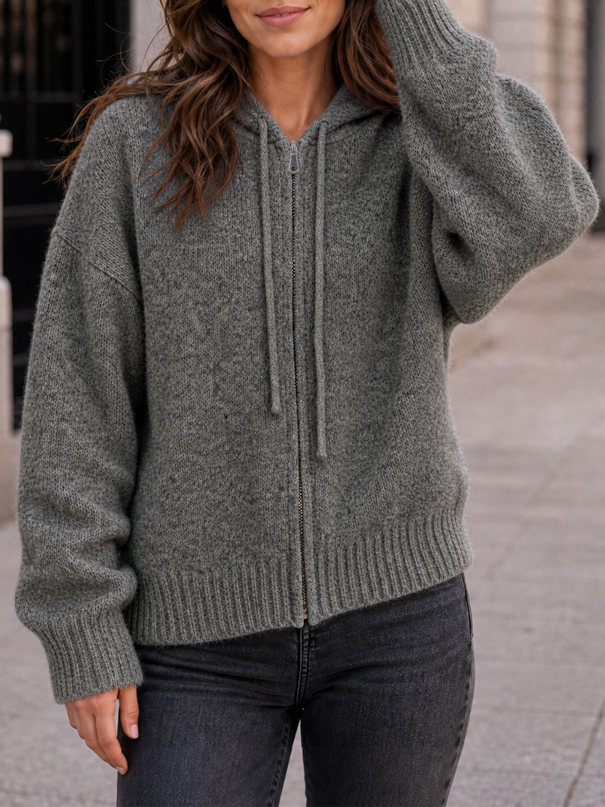 Saodimallsu Womens Zip Up Hooded Knit Cardigan