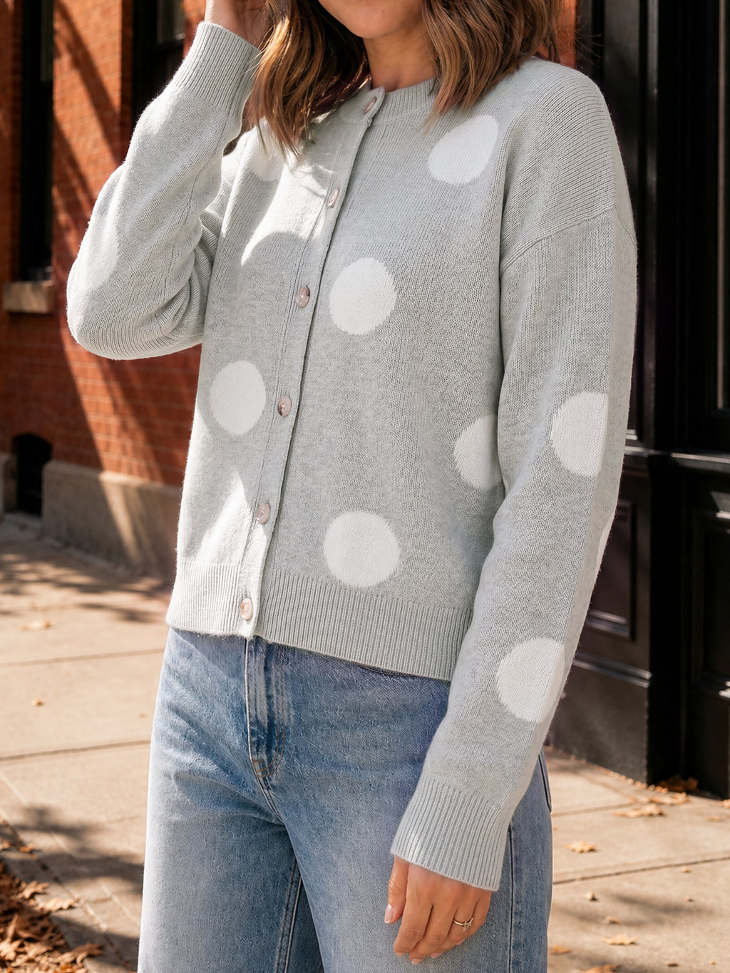 Saodimallsu Women Polka Dot Knit Cardigan