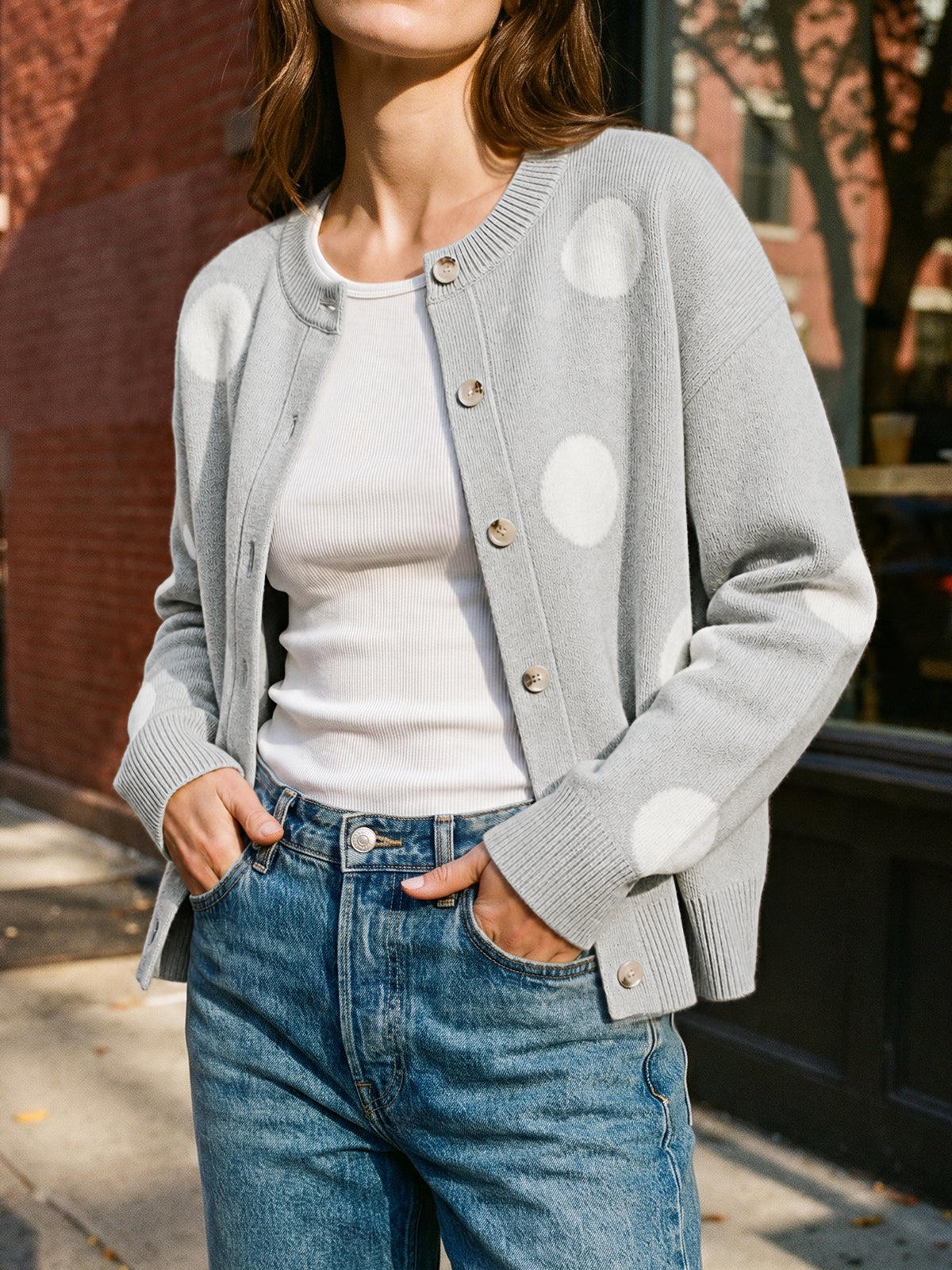 Saodimallsu Women Polka Dot Knit Cardigan