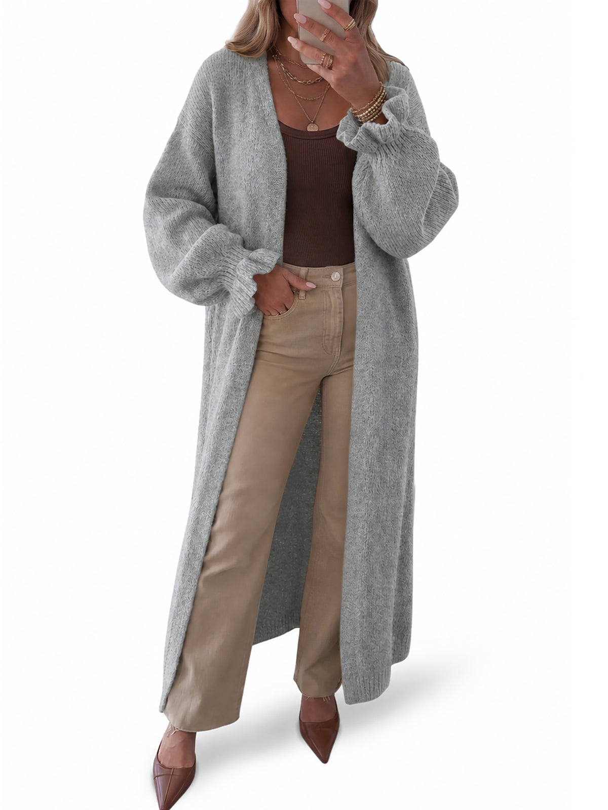 Saodimallsu Womens Ruffle Long Knit Cardigan