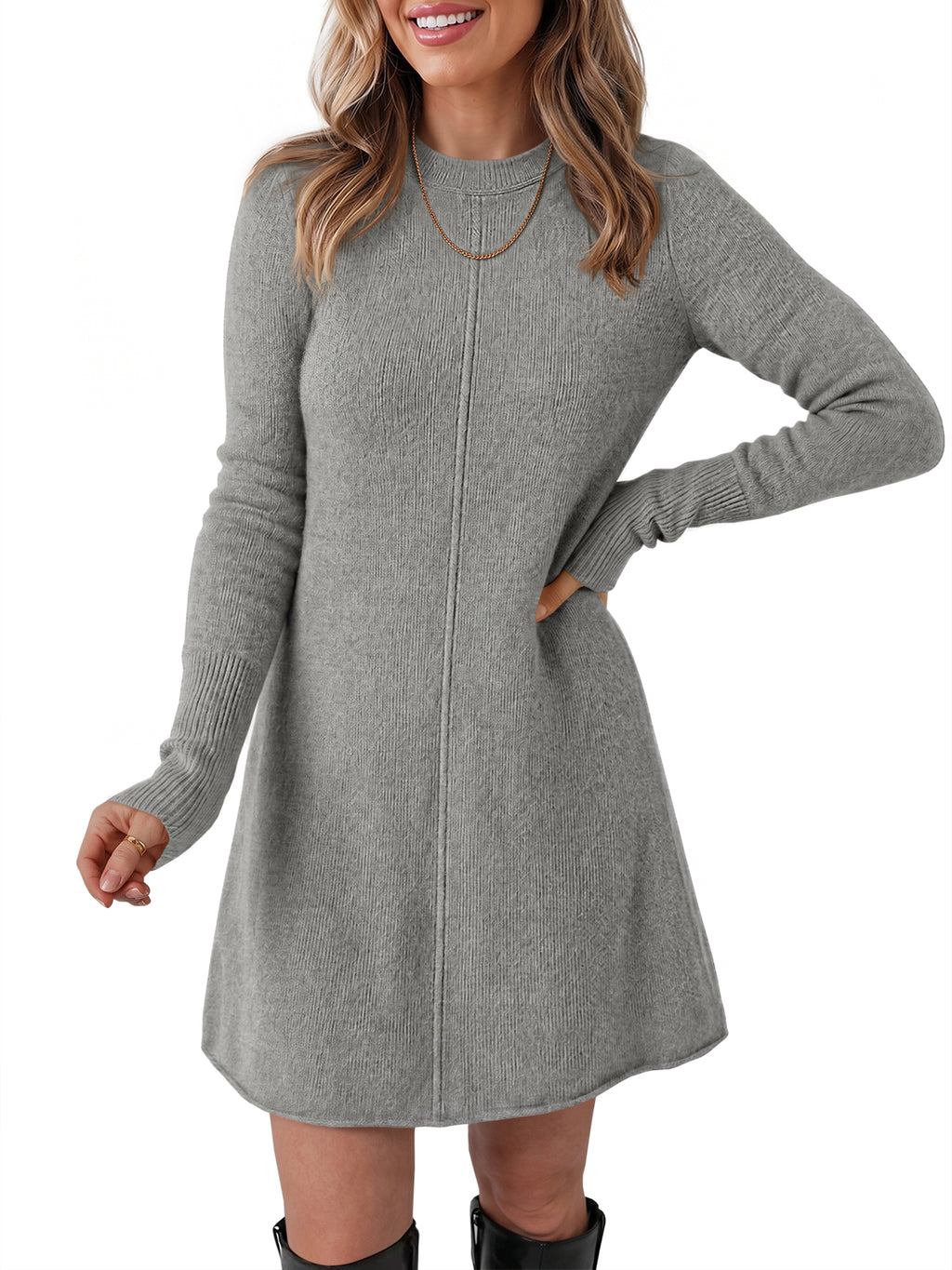 Saodimallsu Women Long Sleeve Knit Fit Flare Mini Sweater Dress