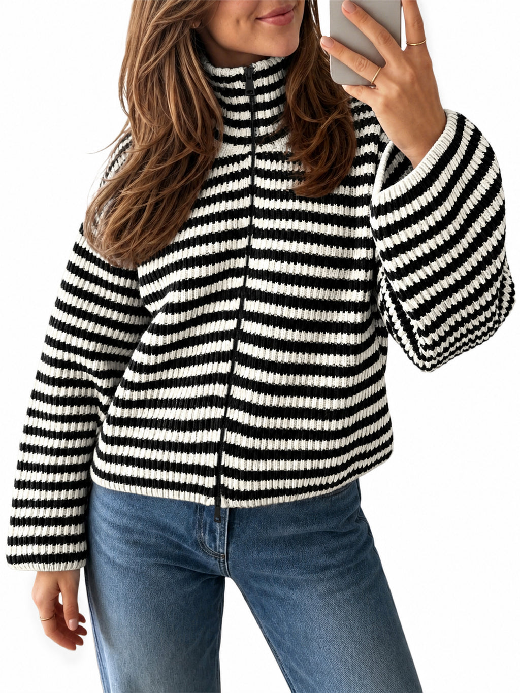 Saodimallsu Womens Striped Zip Knit Cardigan