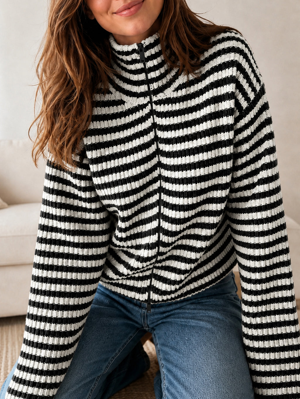 Saodimallsu Womens Striped Zip Knit Cardigan
