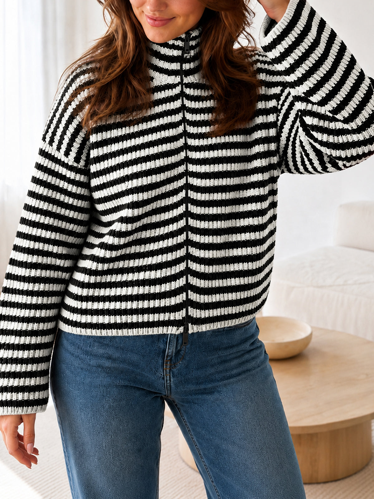 Saodimallsu Womens Striped Zip Knit Cardigan