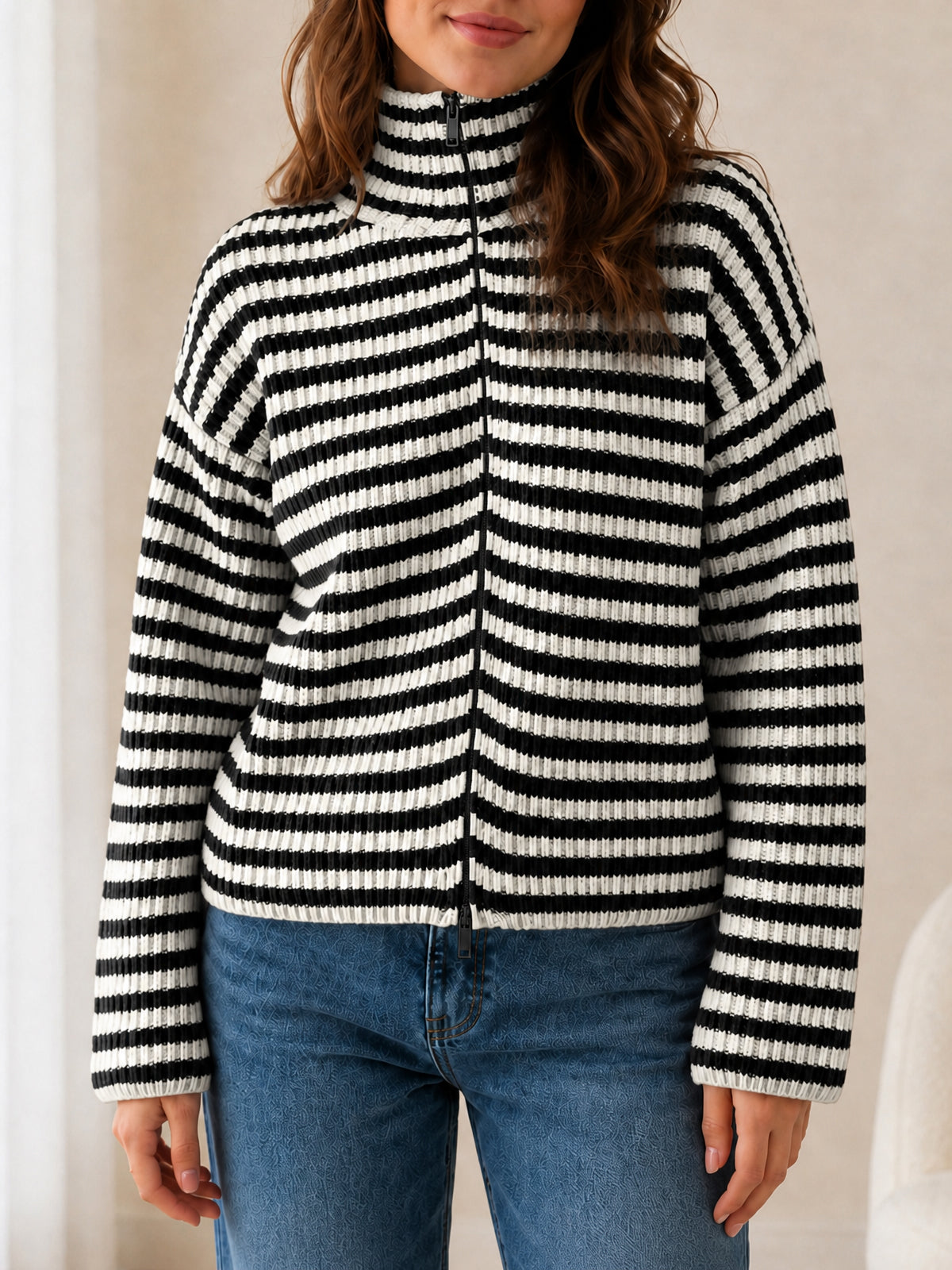 Saodimallsu Womens Striped Zip Knit Cardigan
