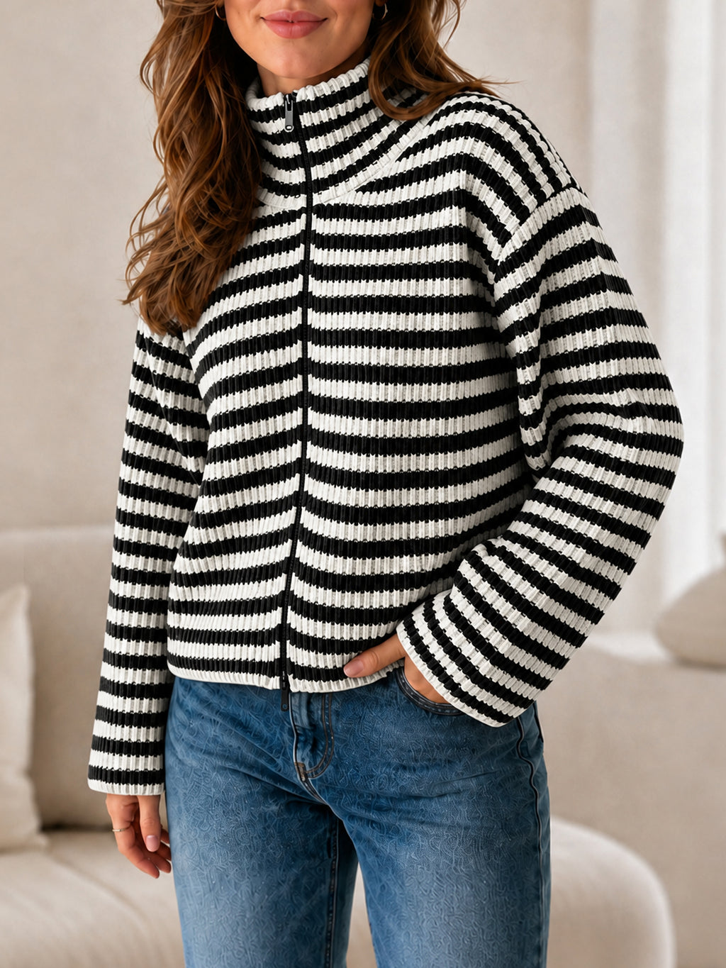 Saodimallsu Womens Striped Zip Knit Cardigan