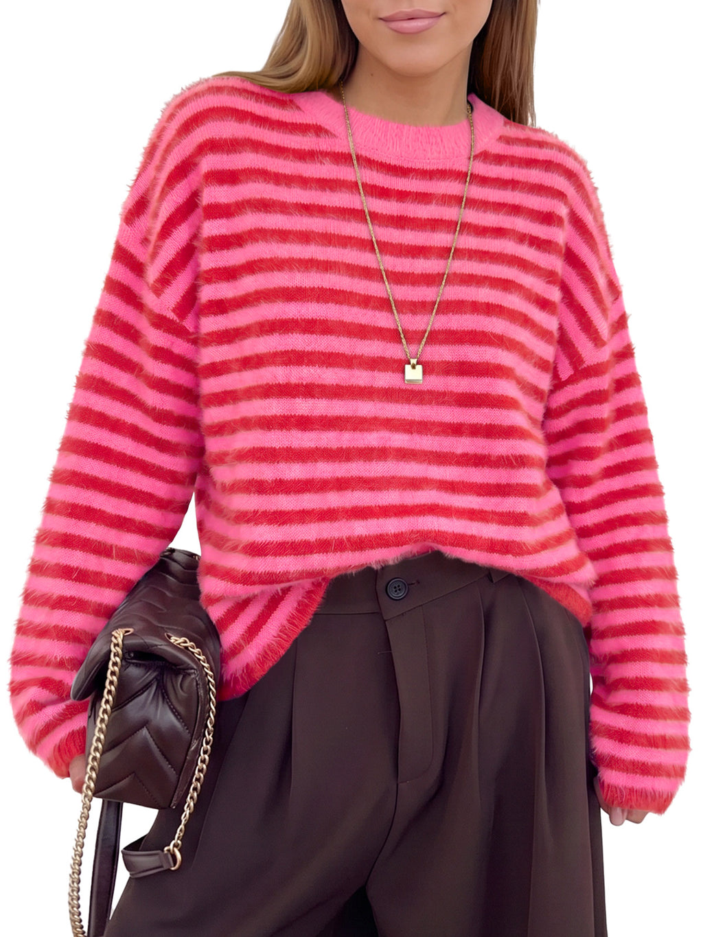 Saodimallsu Womens Fuzzy Crew Neck Striped Sweaters