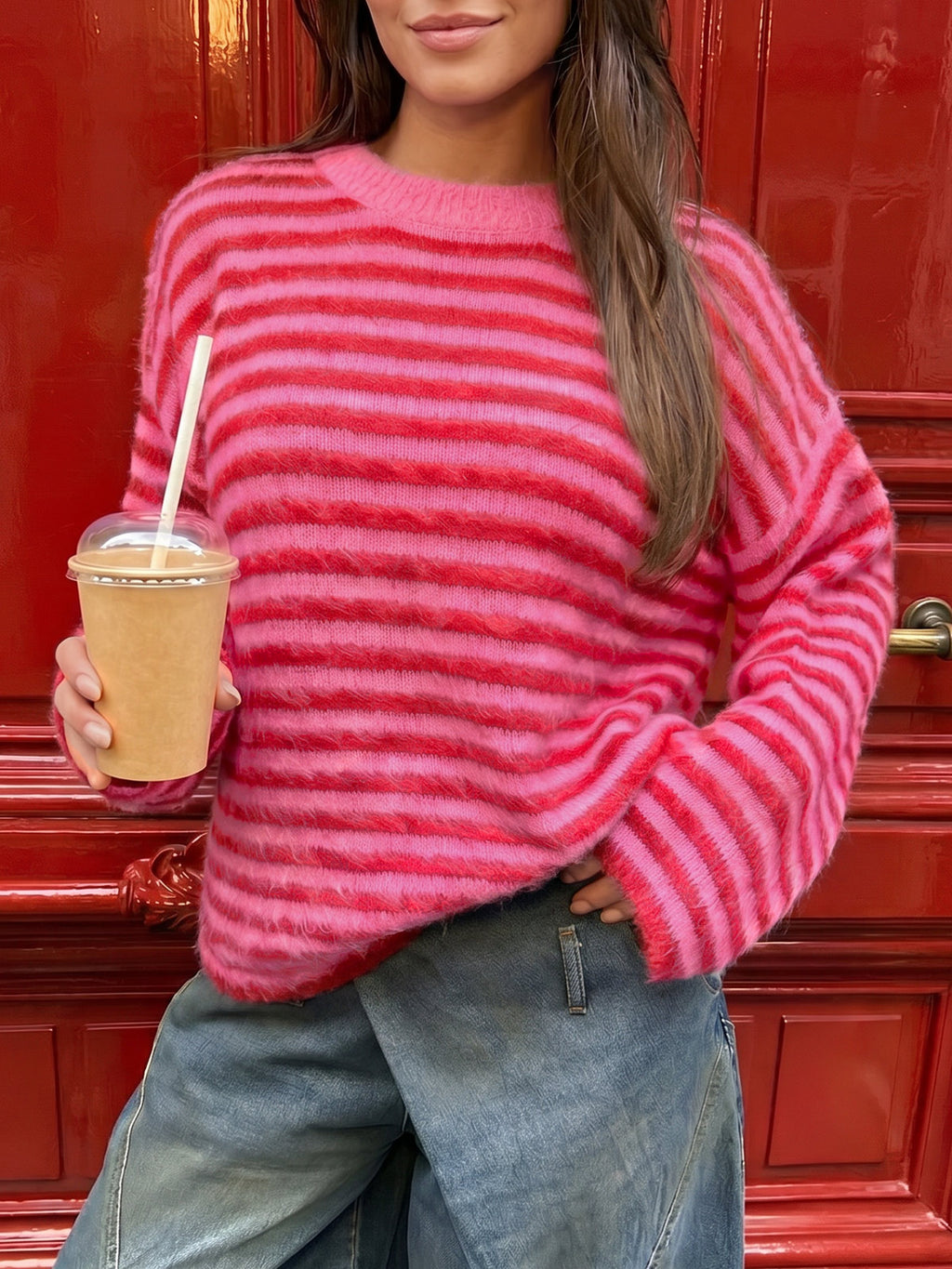 Saodimallsu Womens Fuzzy Crew Neck Striped Sweaters