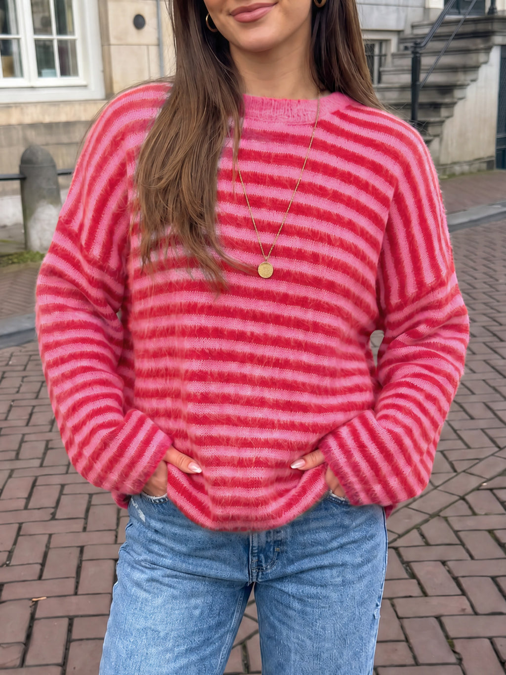 Saodimallsu Womens Fuzzy Crew Neck Striped Sweaters