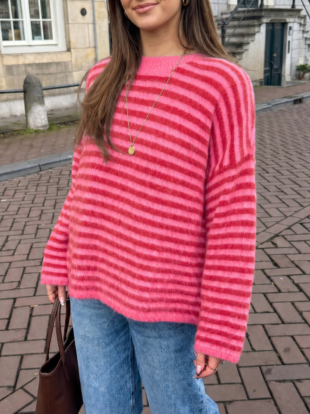 Saodimallsu Womens Fuzzy Crew Neck Striped Sweaters