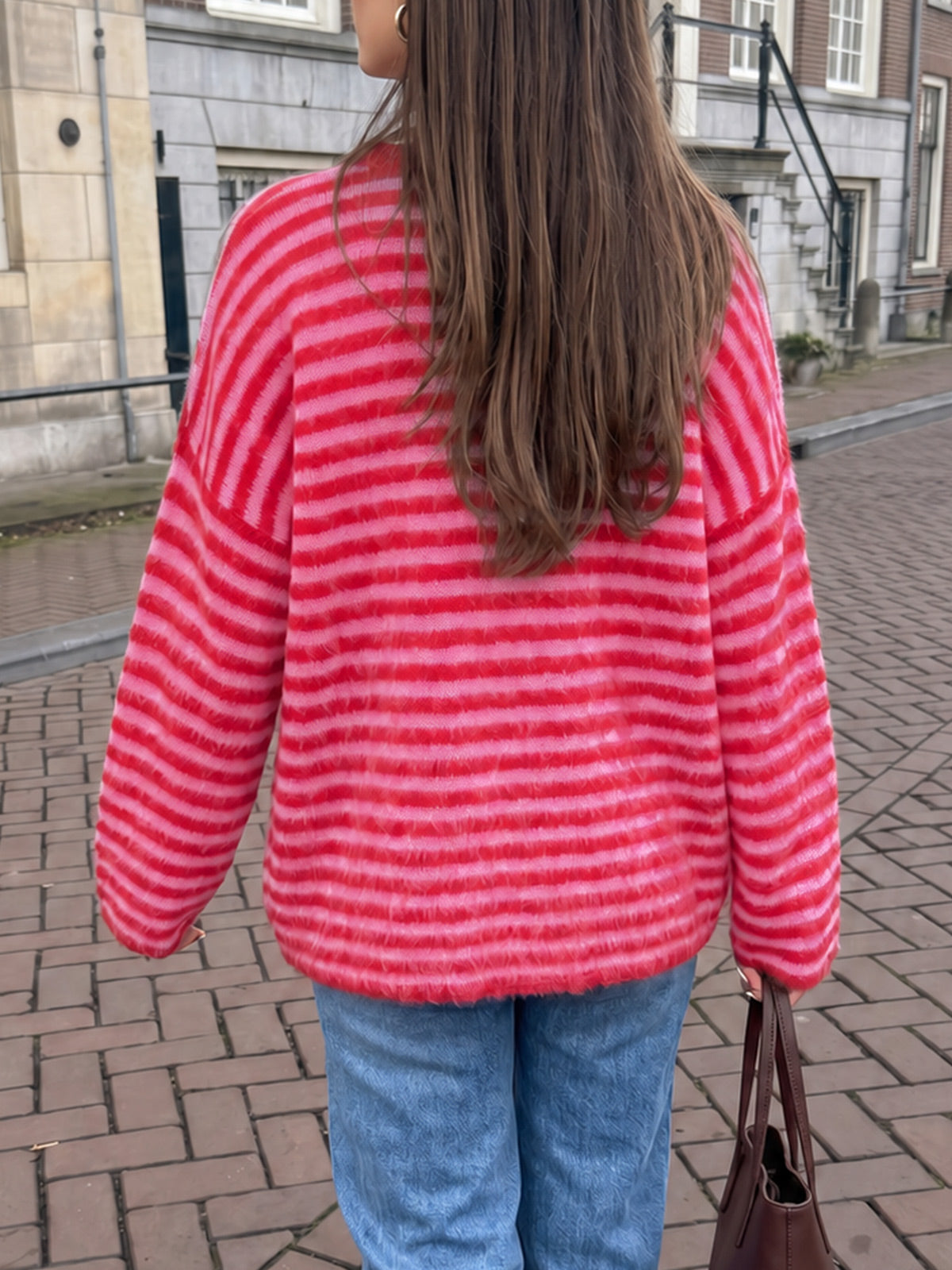 Saodimallsu Womens Fuzzy Crew Neck Striped Sweaters