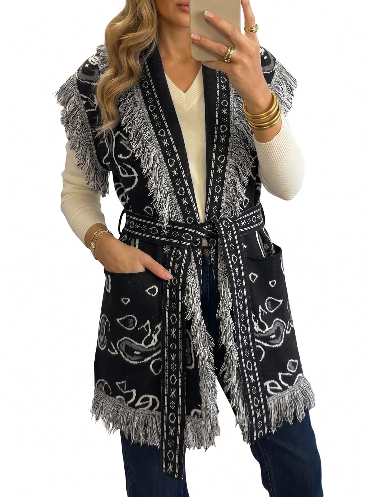 Saodimallsu Women Fringe Knit Cardigan