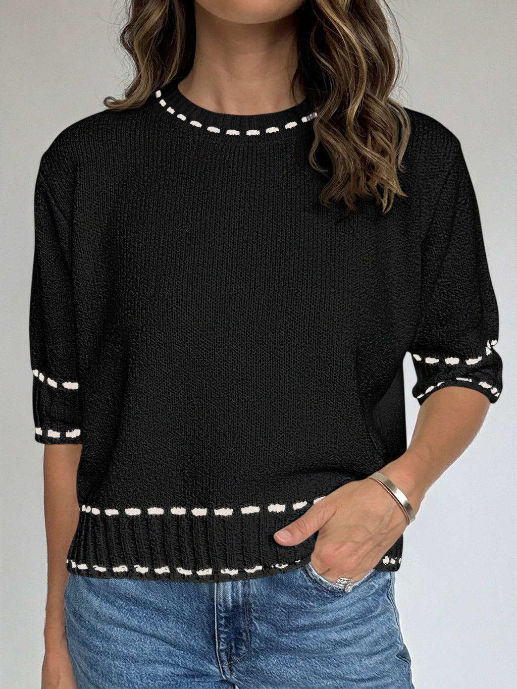 Saodimallsu Womens Cropped Crew Neck Knit Sweater