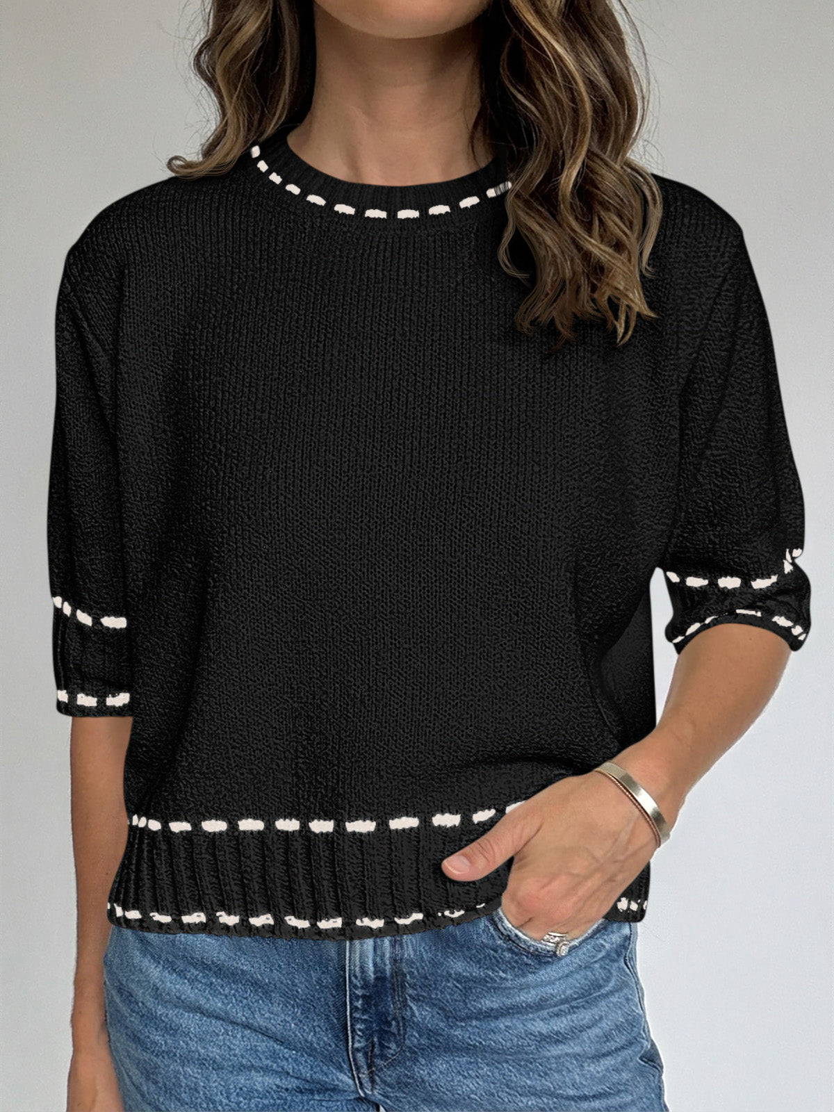 Saodimallsu Womens Cropped Crew Neck Knit Sweater
