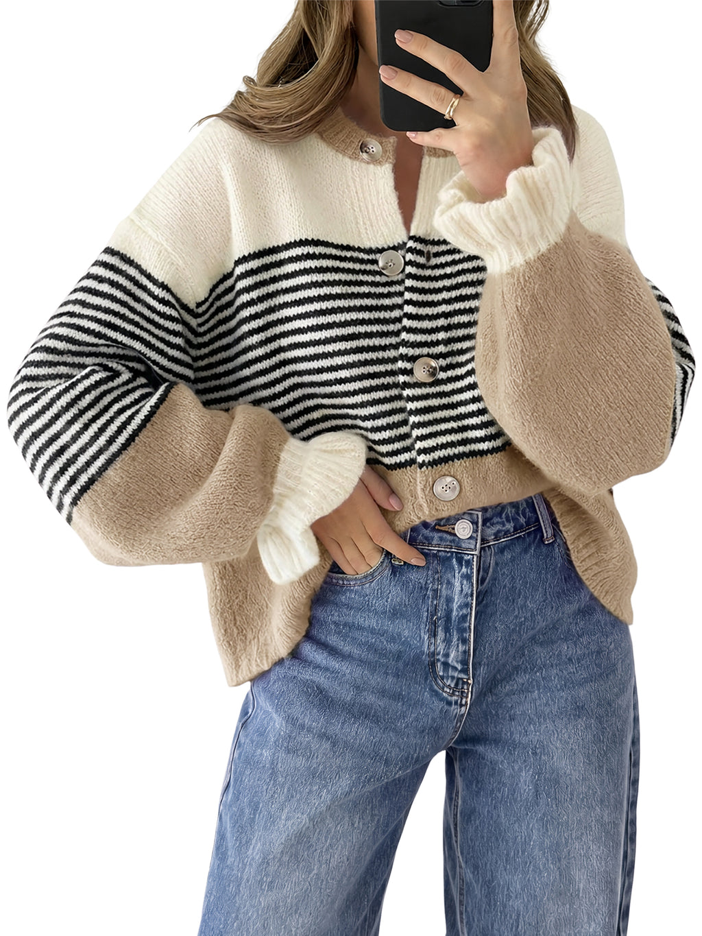 Saodimallsu Womens Striped Ruffle Sleeve Cardigan Coats