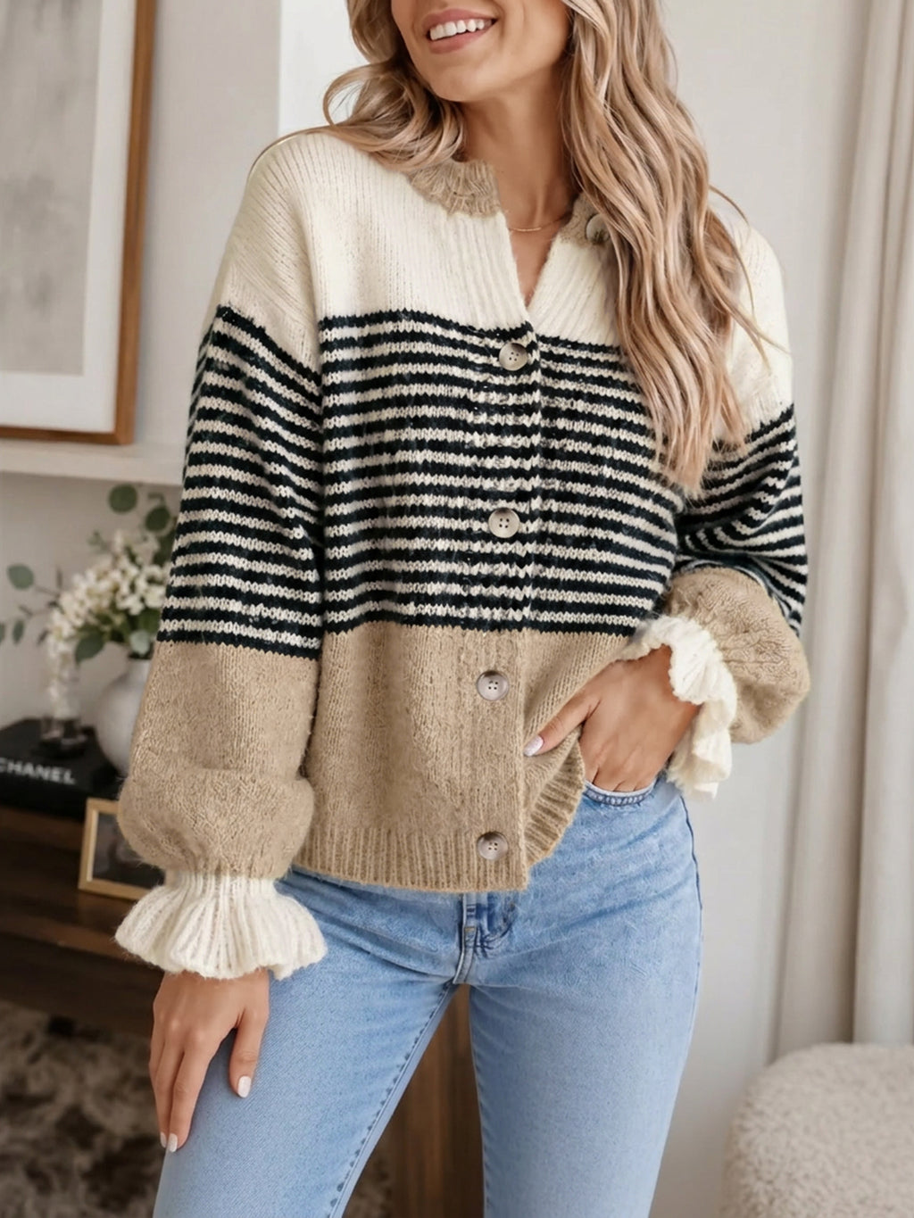 Saodimallsu Womens Striped Ruffle Sleeve Cardigan Coats