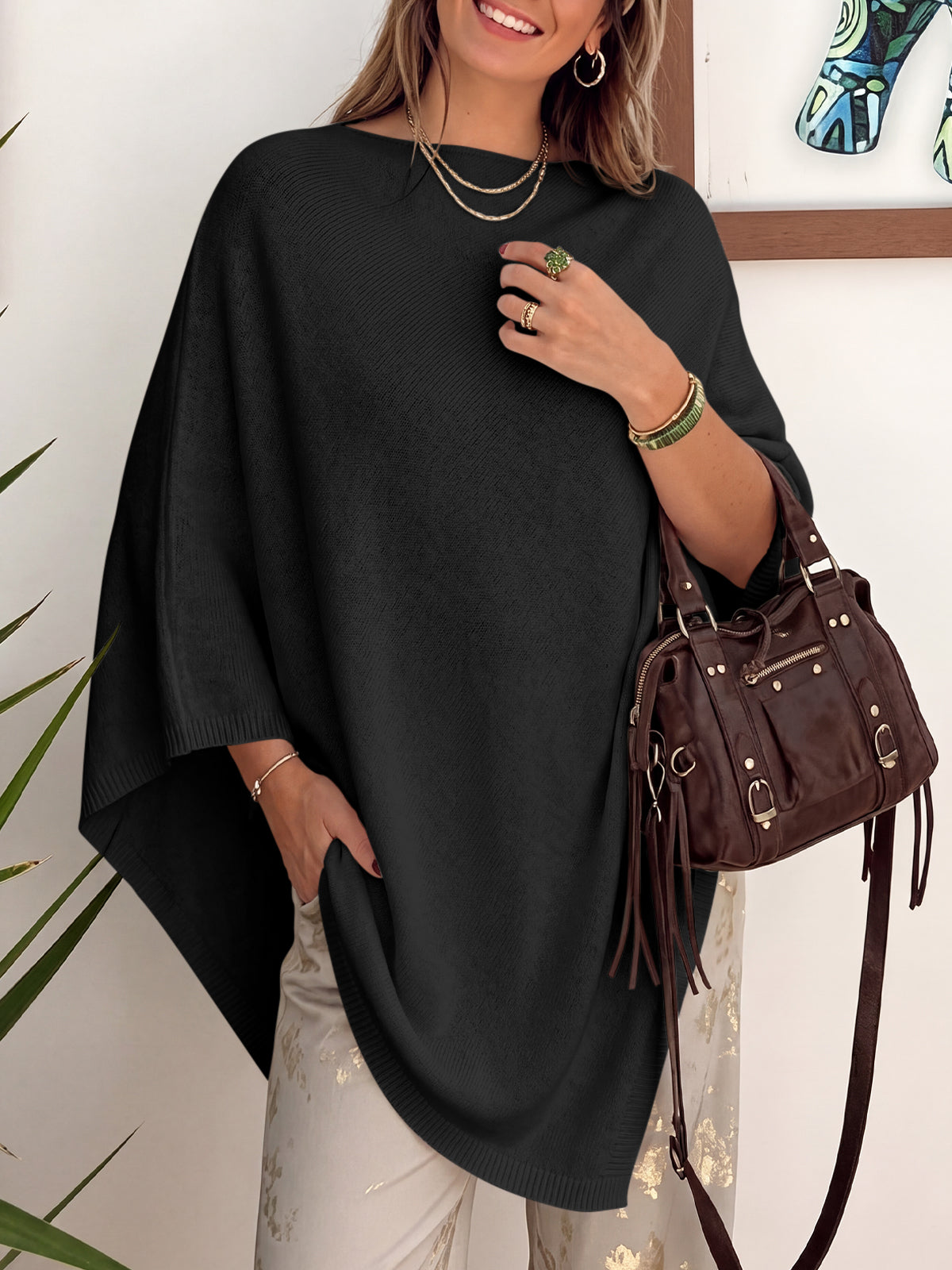 Saodimallsu Women Poncho Boat Neck Knit Sweater