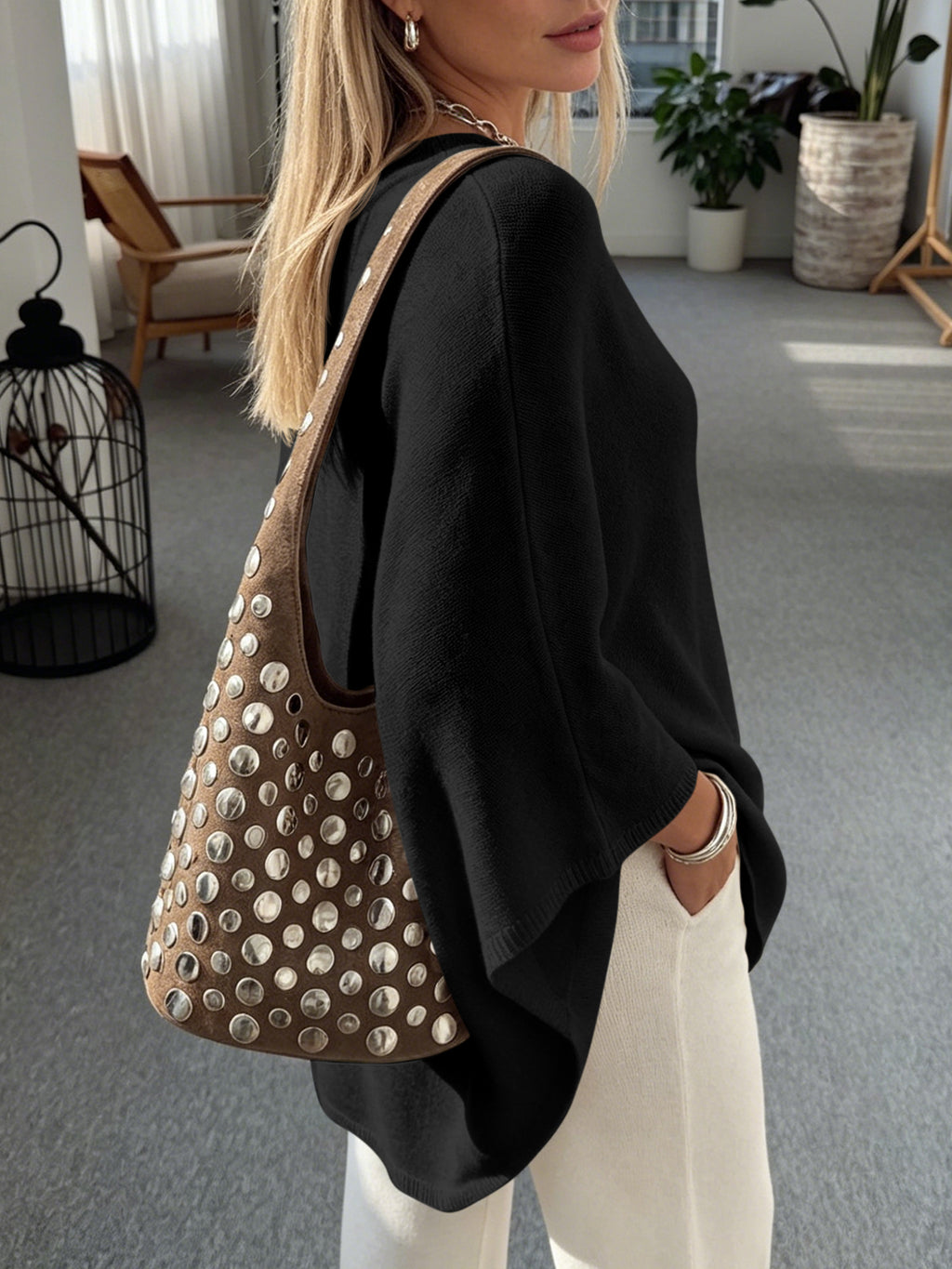 Saodimallsu Women Poncho Boat Neck Knit Sweater