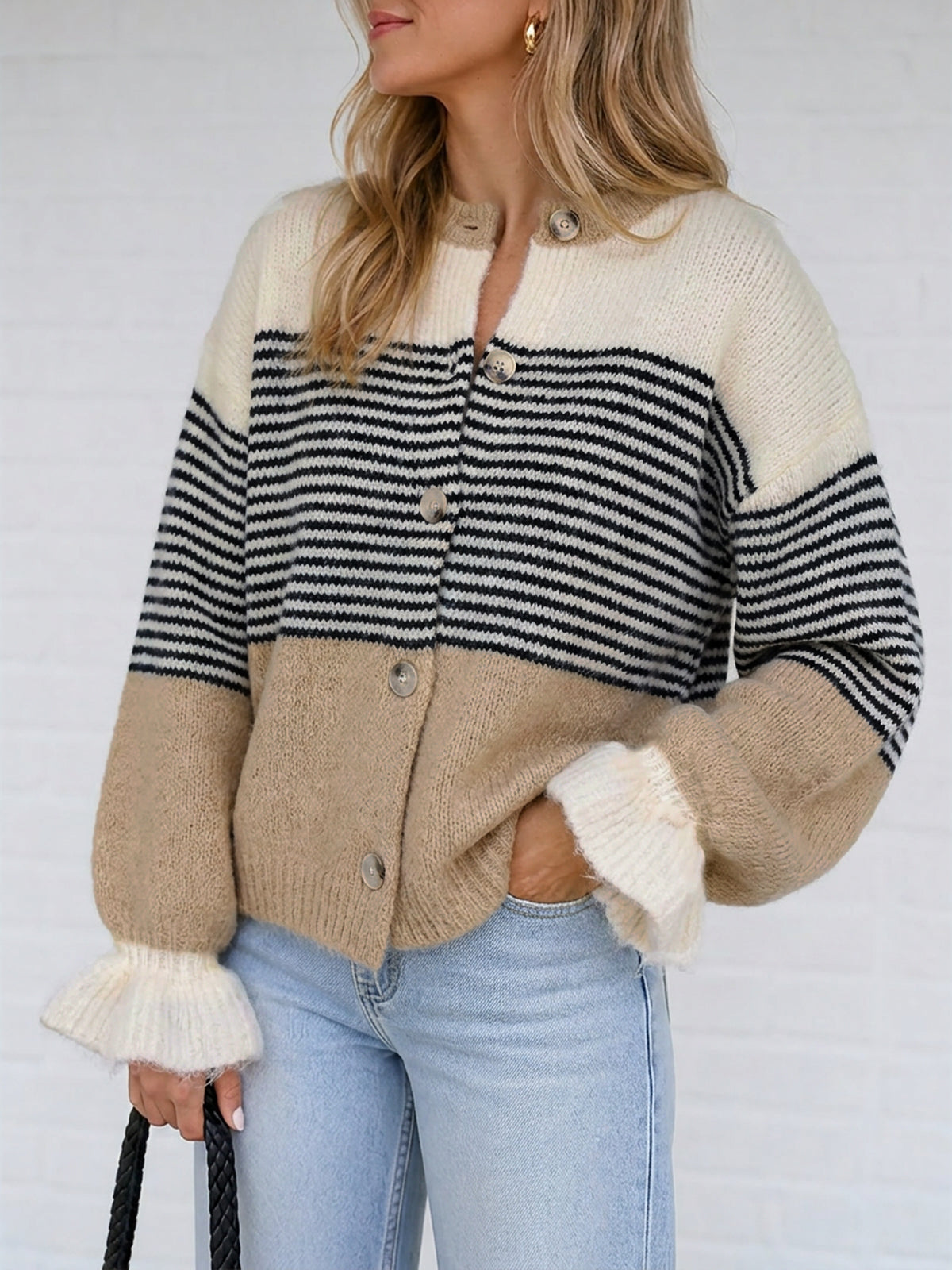 Saodimallsu Womens Striped Ruffle Sleeve Cardigan Coats