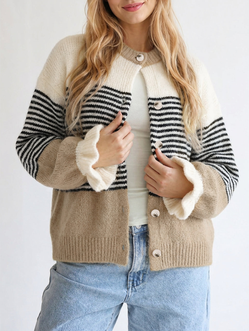 Saodimallsu Womens Striped Ruffle Sleeve Cardigan Coats