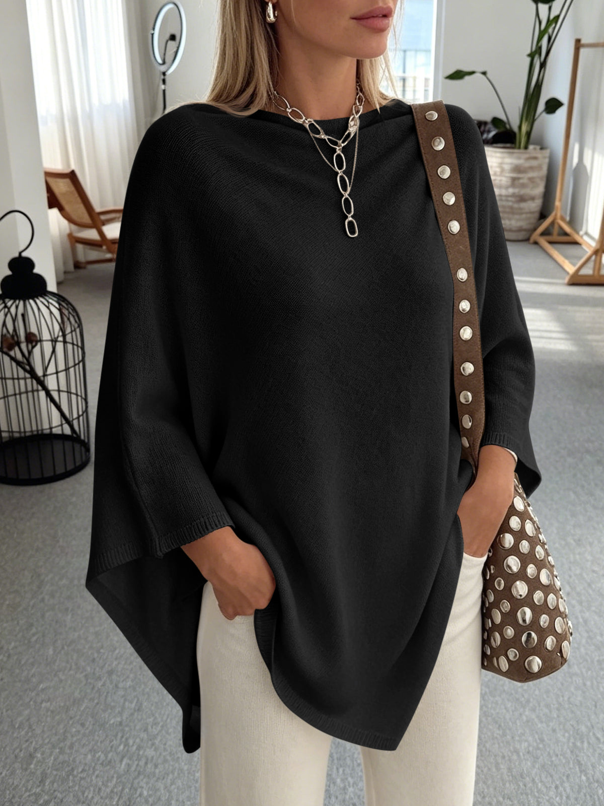 Saodimallsu Women Poncho Boat Neck Knit Sweater
