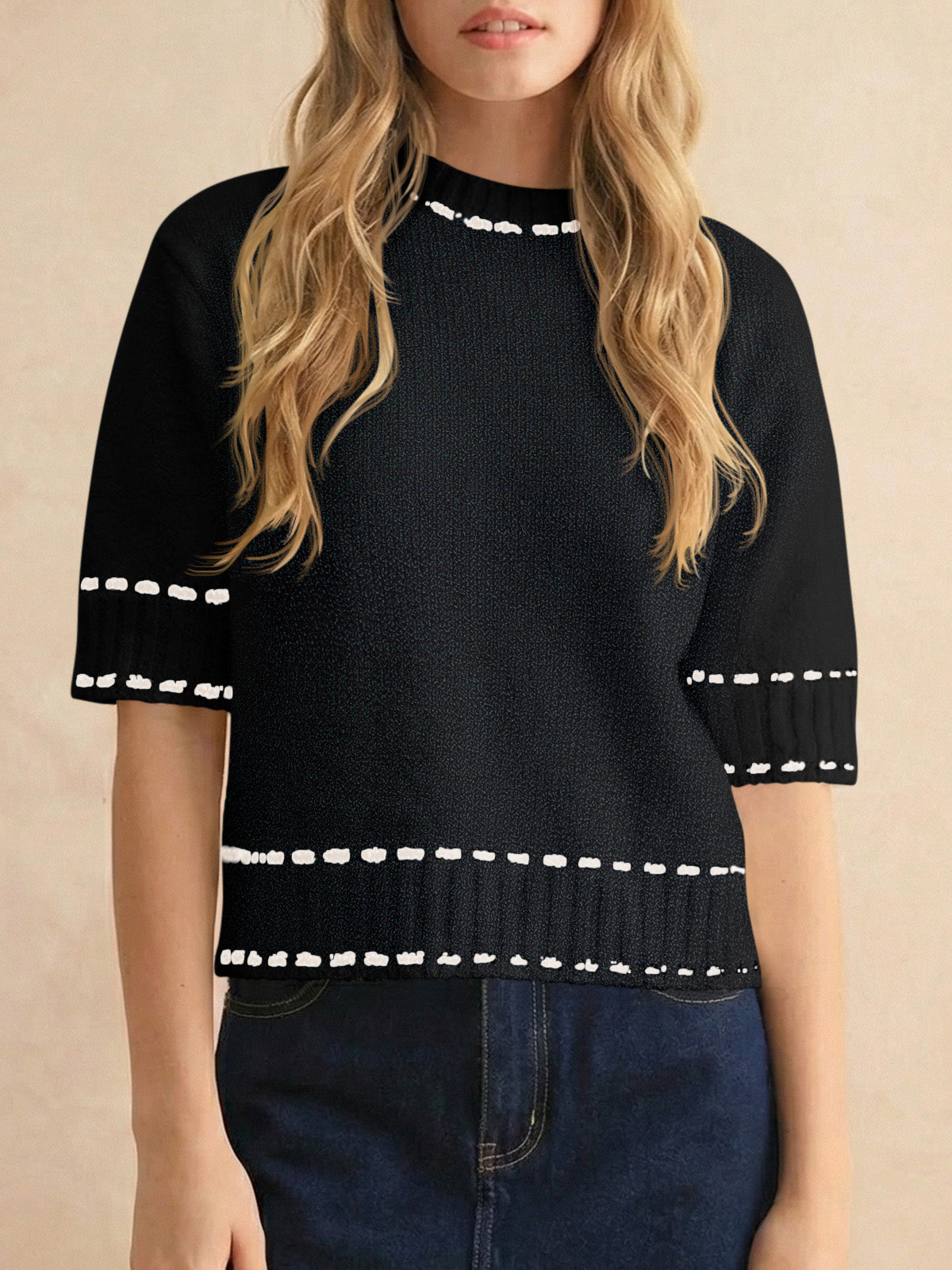 Saodimallsu Womens Cropped Crew Neck Knit Sweater