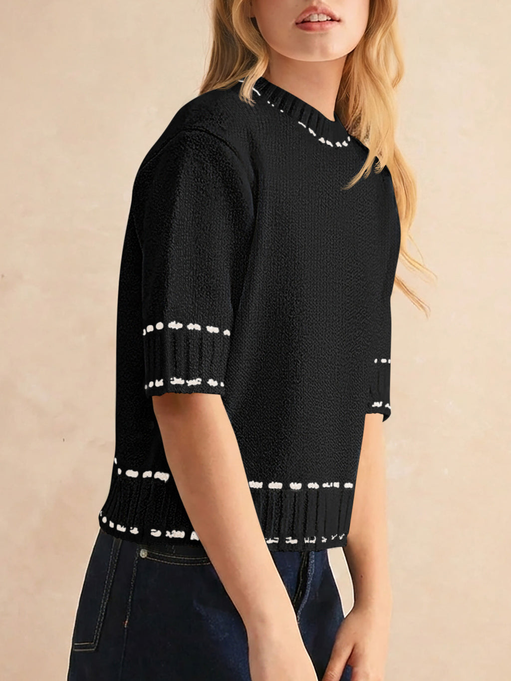 Saodimallsu Womens Cropped Crew Neck Knit Sweater